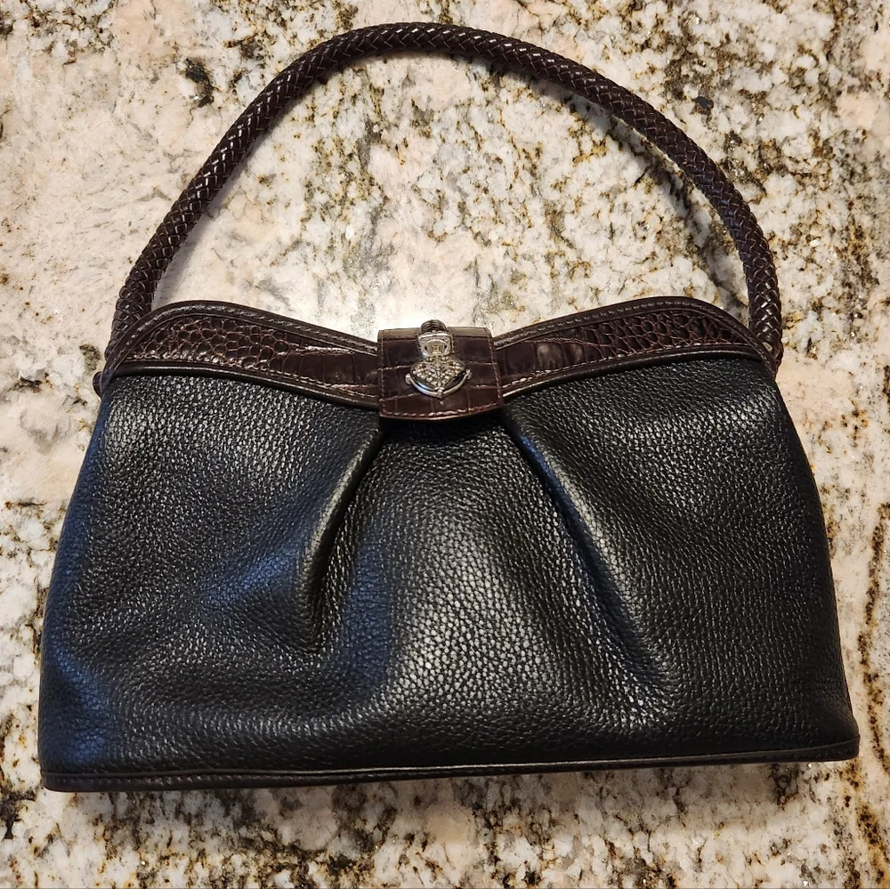 BRIGHTON Purse Vintage black & brown leather shoulder bag w/ Croc pattern, EUC